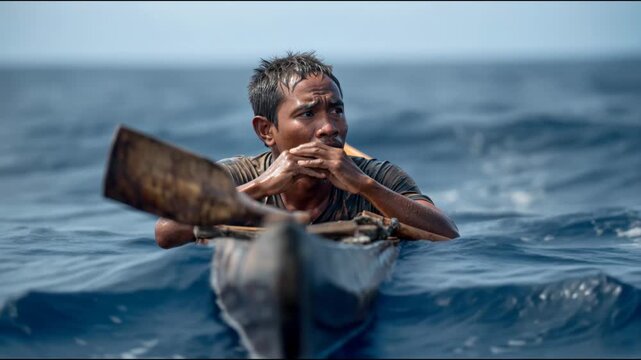 Tired and desperate immigrant wiping his eyes while adrift in a small wooden boat on the ocean