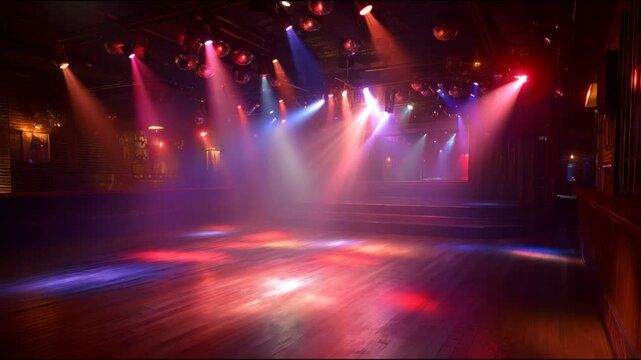 Colorful spotlights moving across an empty wooden dance floor in a nightclub with disco balls