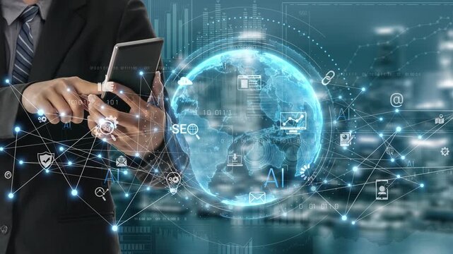 Global AI-powered digital network ecosystem connecting data, finance, analytics, ecommerce, communication, and automation across continents through technology and cloud Marrow