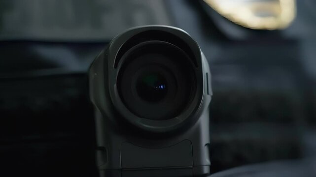 Close up of police body camera lens showing law enforcement body worn video technology for evidence collection, public safety and officer accountability.