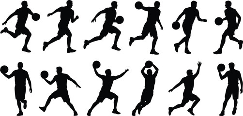 Silhouettes of basketball players in motion, performing dribbling, passing, jumping, and shooting actions for sports design and training. © MDAMIRHAMJA
