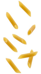 Pasta penne scattered close-up food photography culinary studio shot for recipe books on a transparent background PNG