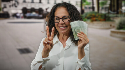 Middle-aged woman holding chilean pesos smiling with peace sign in a vibrant urban street setting showcasing financial success.