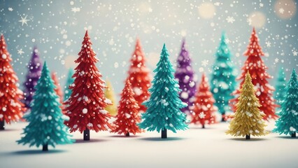 Colorful christmas trees in snowy landscape with snowflakes and stars in the background scene