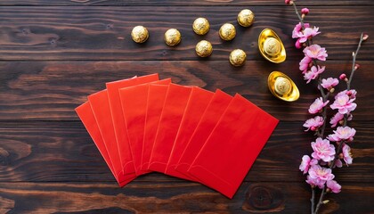 Essential Chinese New Year celebration elements arranged beautifully on rustic wooden surface with golden coins and cherry blossoms
