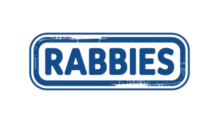 Distressed blue emblem saying Rabbies on black for awareness campaigns and disease prevention education, creating urgency for public health solutions