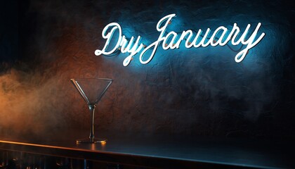 Atmospheric bar scene featuring glowing Dry January neon signage in blue and white script above an empty martini glass, perfect for wellness campaigns, sobriety awareness, and health marketing