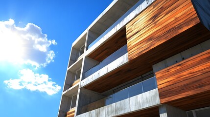 Modern residential urban apartment building exterior with blue sky and balcony