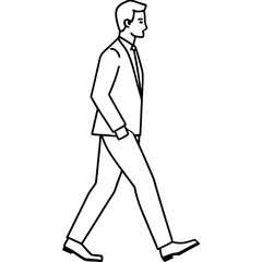 Walking businessman simple line art illustration, business executive in suit walking confidently to go to work corporate job office
