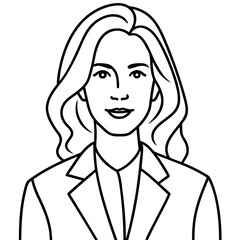 Minimalist line art portrait of sophisticated smiling businesswoman with blazer and wavy hair, elegant professionalism, vector illustration