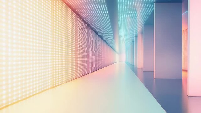Long futuristic hallway with vibrant led lights