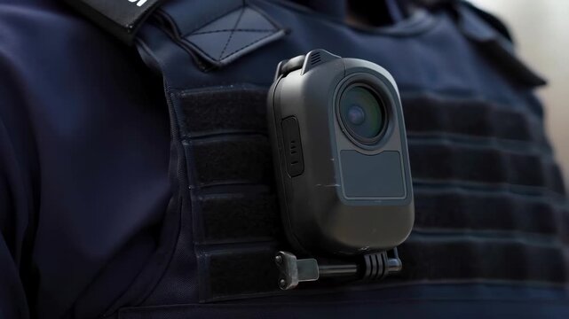 Close up of police body camera lens showing law enforcement body worn video technology for evidence collection, public safety and officer accountability.