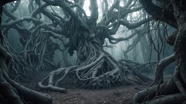 Ancient forest with gnarled trees and massive exposed roots in misty woodland. Camera tilting and panning through dense canopy revealing forest floor.
