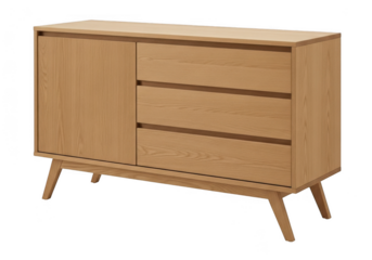 Modern wooden sideboard with closed door and drawers, isolated on transparent background