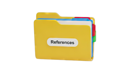 A yellow file folder labeled References containing documents with blue and white pages and colorful tabs on a transparent background