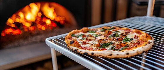 Delicious fresh pizza cooking in a wood-fired oven with flames glowing in the background at a cozy outdoor kitchen setting