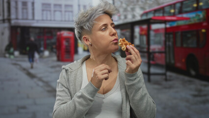 Woman eating waffle with focused expression on a busy street near red bus and phone booth;...