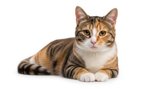 A beautiful calico cat lying down and looking directly at the camera isolated on white background