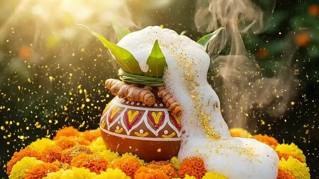 Traditional Indian Pongal pot overflowing with foamy milk and golden glitter symbolizing harvest festival prosperity and abundance