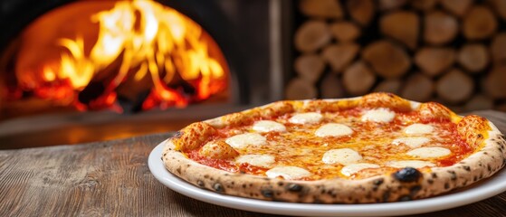 Delicious freshly baked pizza served beside a warm wood-fired oven with cozy flames in a rustic setting