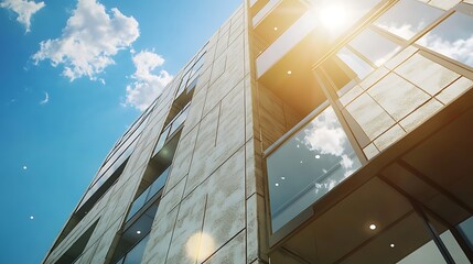 Modern skyscraper architecture featuring blue sky and glass windows in a contemporary city setting for business