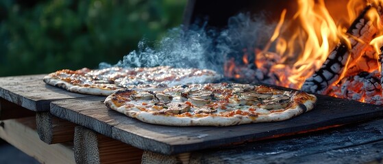 Wood-fired pizzas baking by an open flame in a rustic outdoor setting during sunset