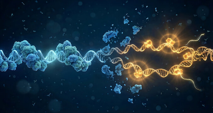 MEN1 Gene Mutation Concept: 3D illustration of Menin Protein Loss leading to DNA Instability and Oncogenic Transformation
