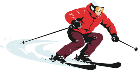 Dynamic downhill skiing illustration, professional male skier in red jacket carving through fresh snow, fast action vector graphic for winter sports, recreation, mountain resorts, © Sujay