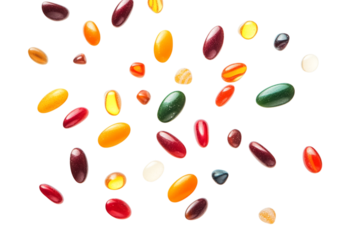 Colorful pills and capsules falling against white background
