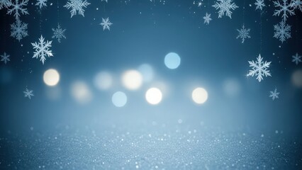 Festive winter background with snowflakes and bokeh lights on blue