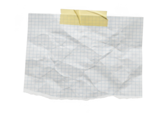 Crumpled graph paper note attached with yellow tape, isolated on transparent background