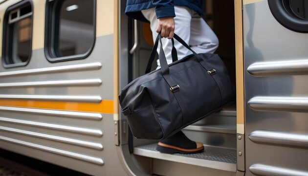 A passenger boards the train carrying a black suitcase&mdash;a moment of travel and transportation mobility.