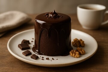 ich chocolate mini cake covered in glossy dark chocolate glaze, served on a white plate with walnut halves and chocolate pieces on a wooden table in natural daylight.