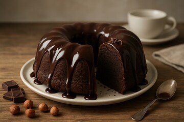 a rich chocolate bundt cake covered with glossy ganache, placed on a white plate over a rustic wooden table with hazelnuts, chocolate pieces, and a spoon nearby in soft natural daylight.