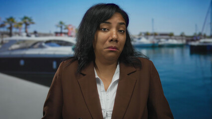 African american woman standing with closed eyes by docked boat at port on a sunlit day  contemplation. © Krakenimages.com
