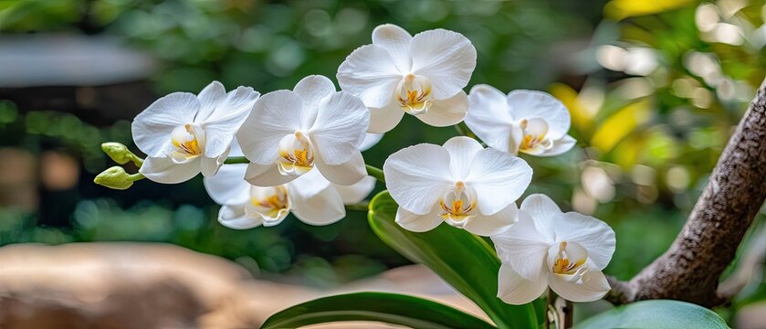 Beautiful white orchids blooming in a lush garden setting during a sunny day in spring, showcasing delicate petals and vibrant natural colors - Powered by Adobe