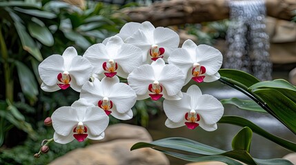 Beautiful white orchids bloom near a gentle waterfall in a serene garden during a bright sunny day, showcasing nature's elegance and tranquility