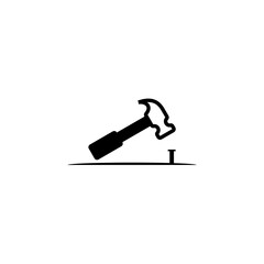 Simple Black and White Icon of a Hammer Hitting a Nail