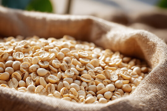 Close-up photo of wet processed kopi luwak beans spread out in a burlap sack, showcasing their unique texture and color, ideal for coffee enthusiasts and culinary presentations