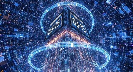 Futuristic Digital Clock Core in a Vast Cyberspace Environment.