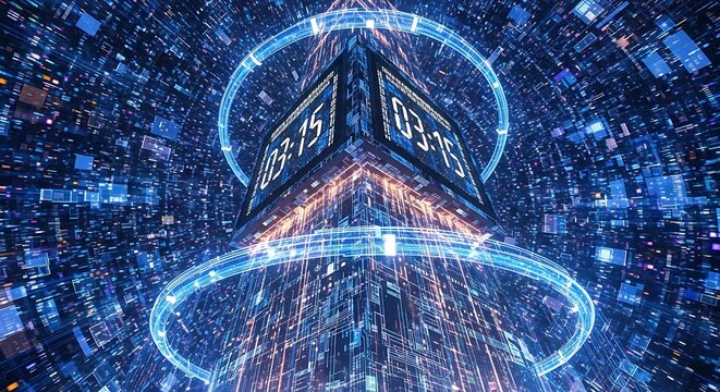 Futuristic Digital Clock Core in a Vast Cyberspace Environment. - Powered by Adobe