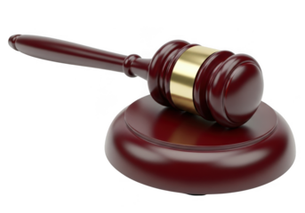 A dark wooden judges gavel resting on its sound block, isolated on a transparent background