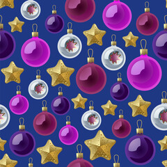 A festive seamless pattern featuring Christmas ornaments and baubles on a dark blue background. Perfect for seasonal fashion, gift wrapping, stationery, home goods, and holiday decor. Seamless pattern