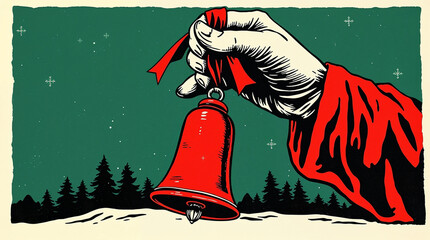 hand, wearing a red sleeve, holding red Christmas bell against green background featuring snowflakes and silhouettes of forest trees