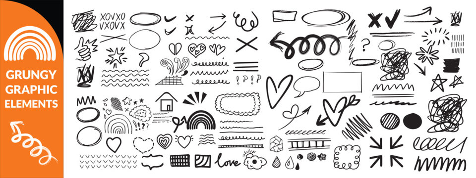 Vector set of grungy graphic elements. Street art texture hand drawn pencil underlines and strikethrough, scribble emphasis lines, crazy hatches, ovals and crosses. Each element is united and isolated