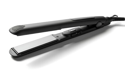 Black hair straightener with silver plates on a white background, a modern personal styling tool.