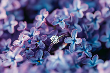 Exquisite engagement ring set among lavender lilac blooms for romantic celebrations