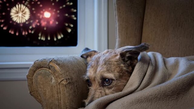 Frightened pet dog with sad eyes hides in an armchair during a fireworks display. Animal phobia and stress from loud noises. Lockdown shot.