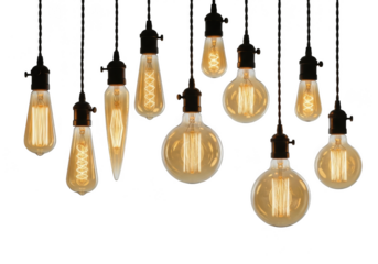 A collection of various edison style incandescent light bulbs hanging from black cords, isolated on transparent background