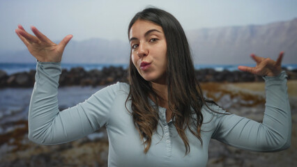 Woman with raised hands dancing on rocky seaside beach by ocean horizon under open sky; joyful spontaneity.